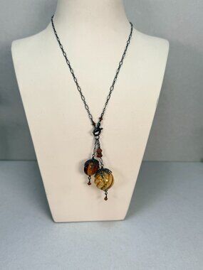 Vintage Art Glass Pendant Necklace Amber Hand Blown Glass Gunmetal Chain